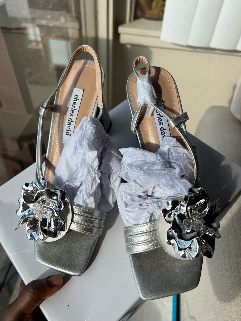 Charles David Silver Metallic Slingback Mules with Floral Accent